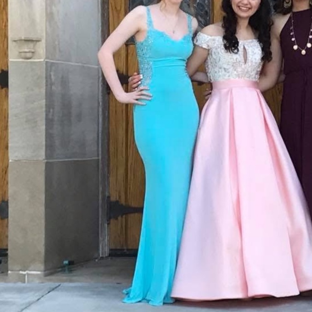 Blush Turquoise Lace Prom Dress